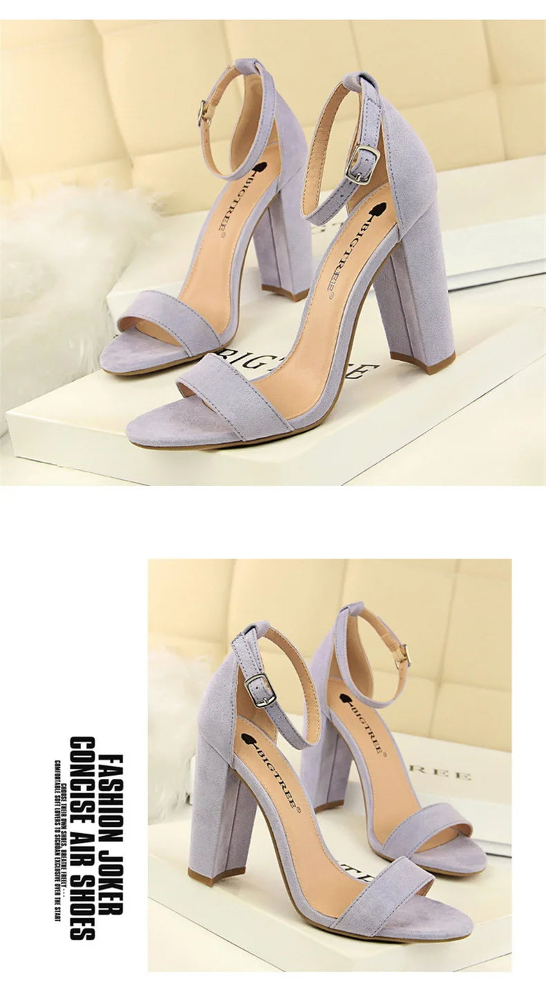 Summer Women’s Heels: 9.5 cm Gladiator Sandals, Yellow/Nude/Purple, Square Block Platform