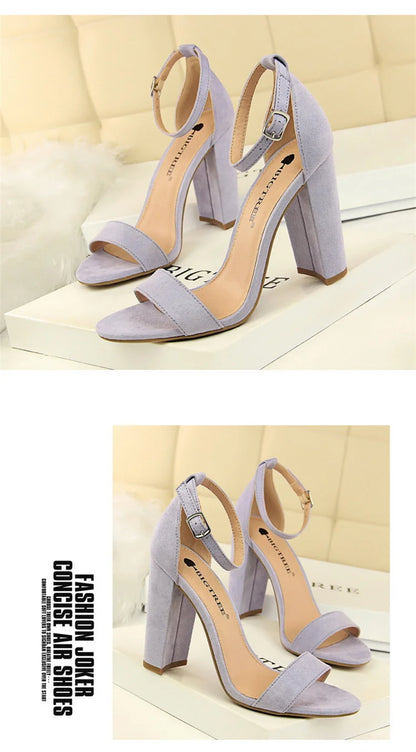 Summer Women’s Heels: 9.5 cm Gladiator Sandals, Yellow/Nude/Purple, Square Block Platform