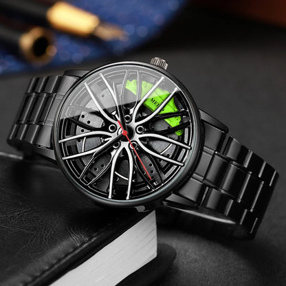Men’s Sports Fashion Watch – 3D Car Wheel Dial, Stainless Steel Band, Quartz