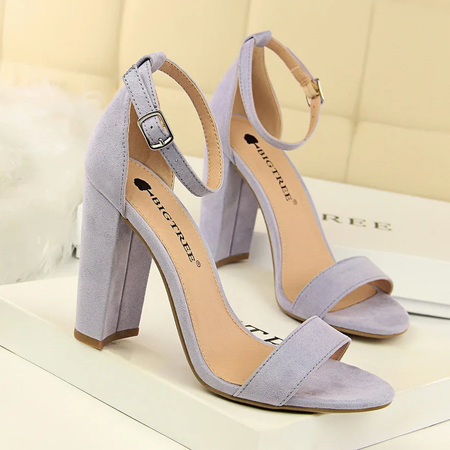 Summer Women’s Heels: 9.5 cm Gladiator Sandals, Yellow/Nude/Purple, Square Block Platform