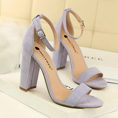 Summer Women’s Heels: 9.5 cm Gladiator Sandals, Yellow/Nude/Purple, Square Block Platform
