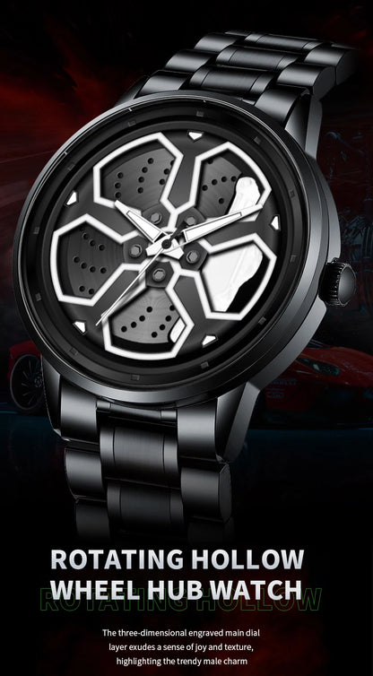 Original Wheel Rotating Men Watch — Black Stainless Steel Strap, 3Bar Quartz
