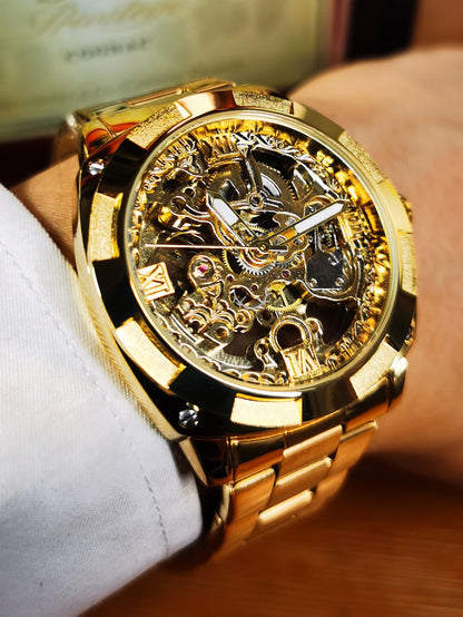 Skeleton Automatic Watch — Forsining, Engraved Movement, Gold Square