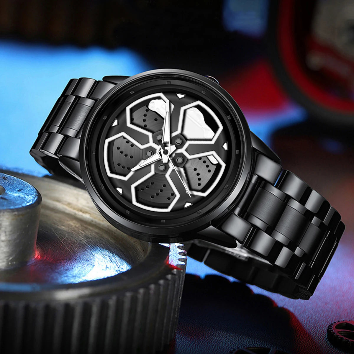 Original Wheel Rotating Men Watch — Black Stainless Steel Strap, 3Bar Quartz