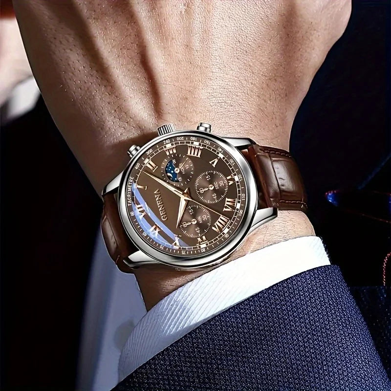 Luxury Quartz Watch for Men – Round Dial, Waterproof, Glow-in-The-Dark