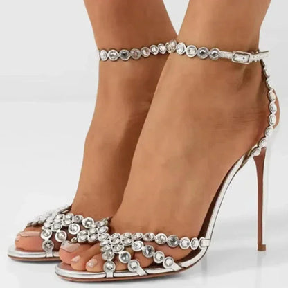 PVC Transparent Rhinestone Heels — Women's Ankle Strap Sandals
