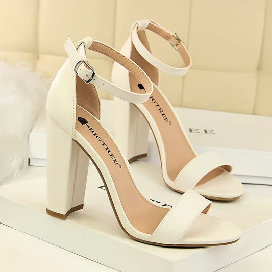 Summer Women’s Heels: 9.5 cm Gladiator Sandals, Yellow/Nude/Purple, Square Block Platform