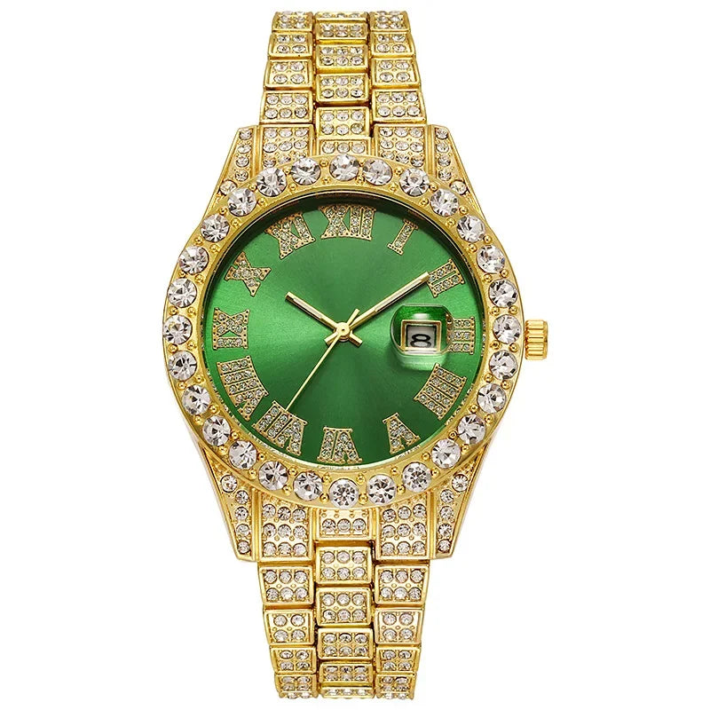 Men's Luxury Rhinestone Watch – 40mm Glass Dial, Iced Steel Bracelet, Custom Band Length