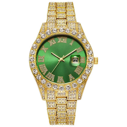 Men's Luxury Rhinestone Watch – 40mm Glass Dial, Iced Steel Bracelet, Custom Band Length