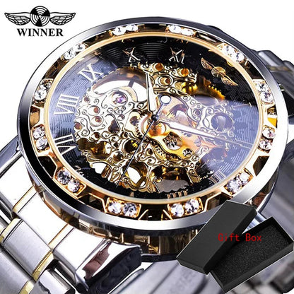 Winner Transparent Fashion Diamond Luminous Mechanical Skeleton Wrist Watch — Men