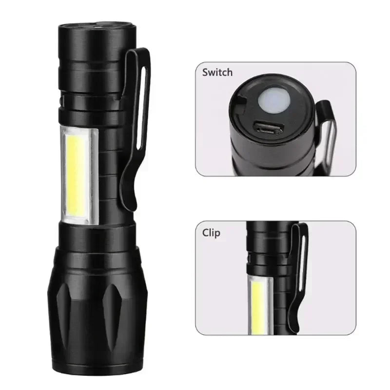 USB Rechargeable COB+XPE Mini LED Torch — Outdoor Zoom Light with Pen Clip