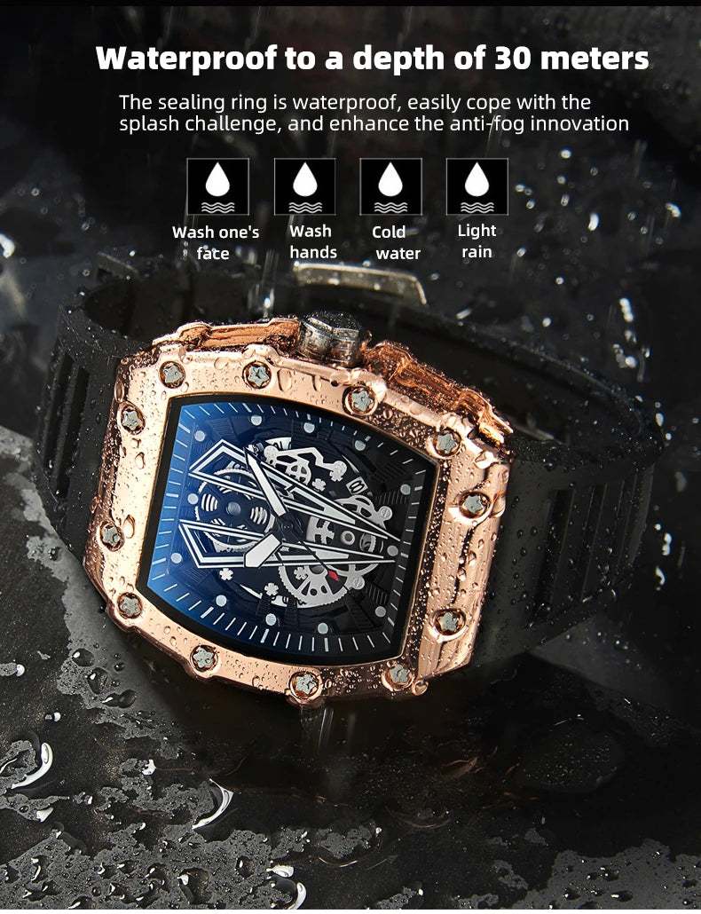 Men's Square Sports Watch — Large Dial, Waterproof Quartz, Luminous