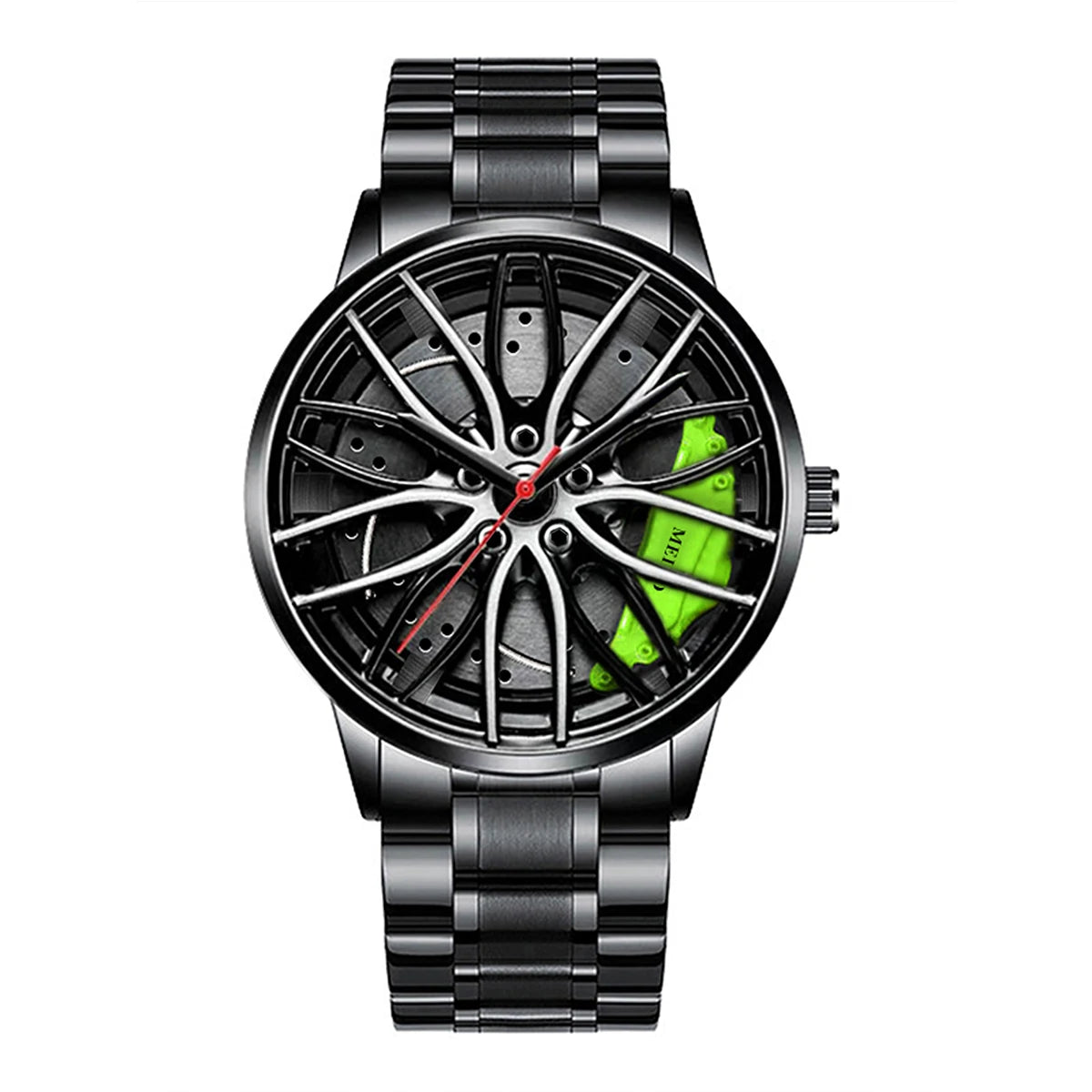 Men’s Sports Fashion Watch – 3D Car Wheel Dial, Stainless Steel Band, Quartz