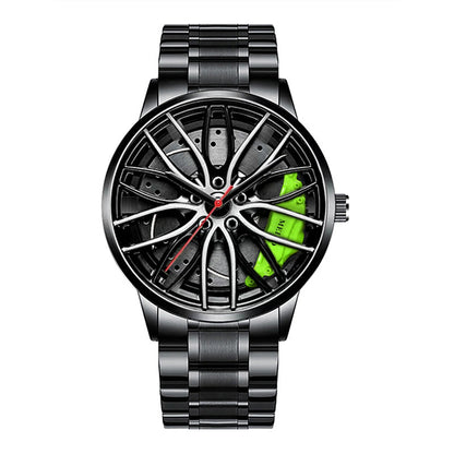 Men’s Sports Fashion Watch – 3D Car Wheel Dial, Stainless Steel Band, Quartz