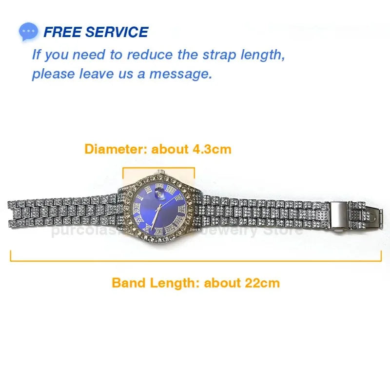 Men's Luxury Rhinestone Watch – 40mm Glass Dial, Iced Steel Bracelet, Custom Band Length