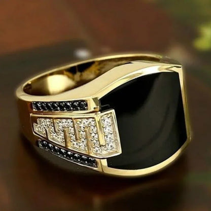 Fashion Metal Ring for Men — Gold Finish, Black Stone Accent