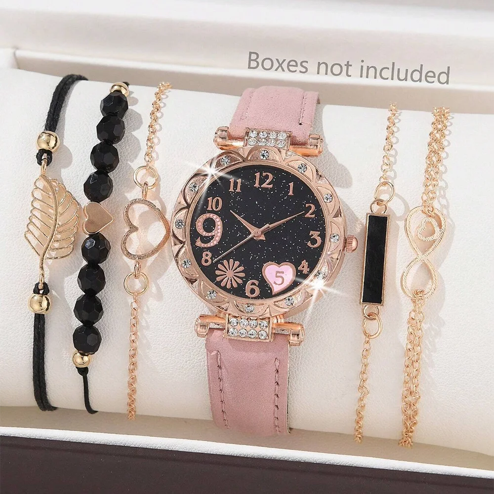 6-Piece Women's Watch Set — Luxury Leather + Analog Quartz
