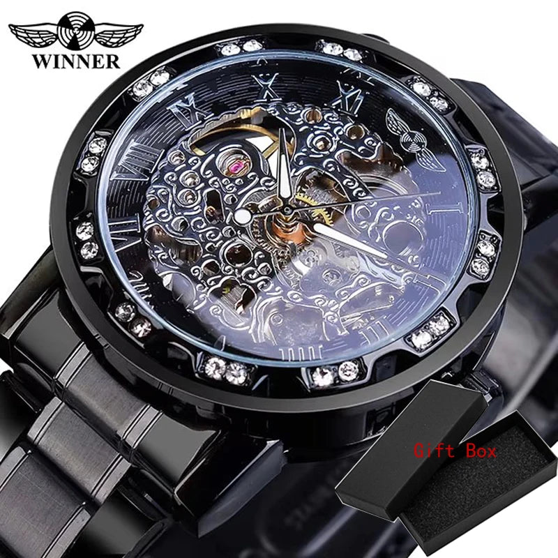 Winner Transparent Fashion Diamond Luminous Mechanical Skeleton Wrist Watch — Men