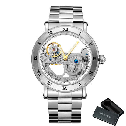 Vintage Mechanical Watch: Golden Bridge Skeleton, Automatic, Leather Strap, Luminous Hands