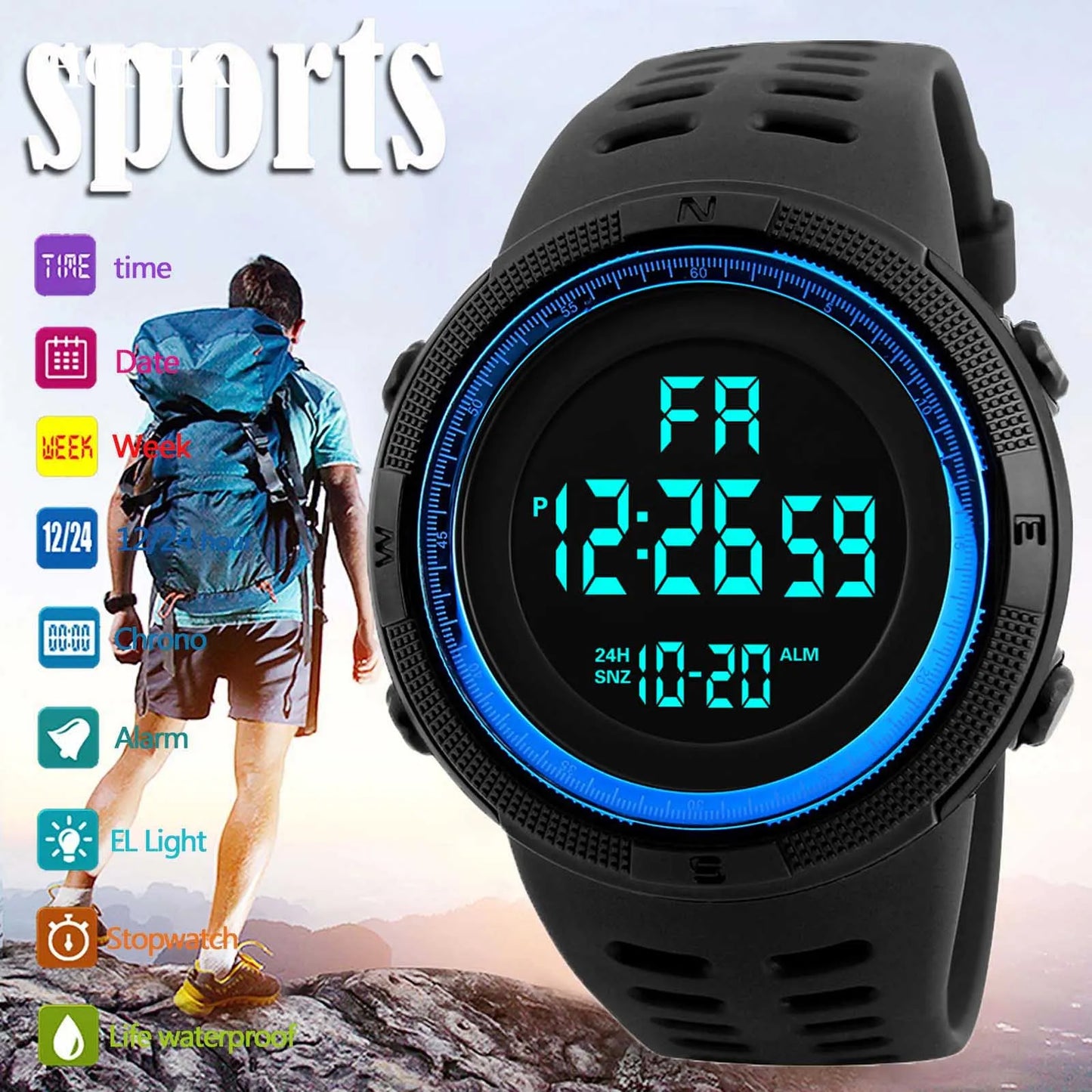Electronic Watch for Men — Military Style, Luminous Multifunction LED Digital Wristwatch