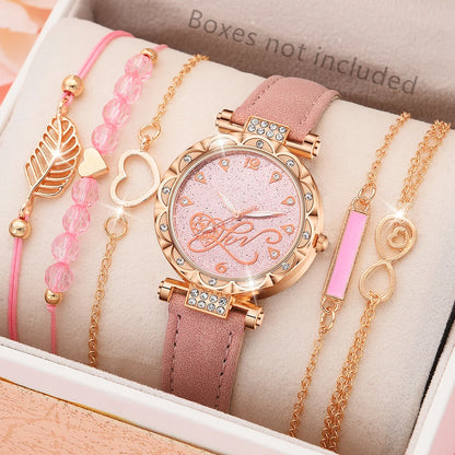 6-Piece Women's Watch Set — Luxury Leather + Analog Quartz