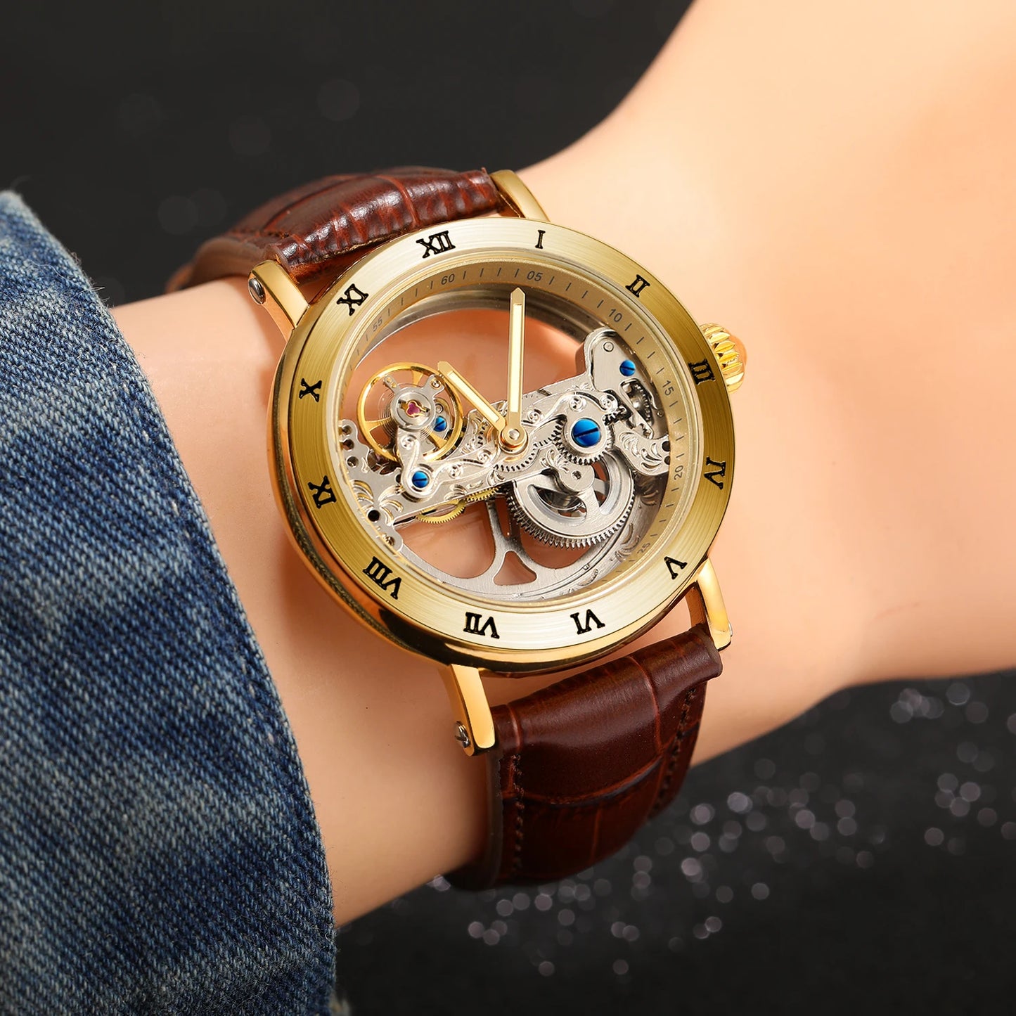 Vintage Mechanical Watch: Golden Bridge Skeleton, Automatic, Leather Strap, Luminous Hands