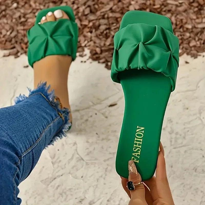 Summer Slippers forWomen’s Korean Pleated Slippers — Green, Slip-On Sandals, Plus Size 35-43