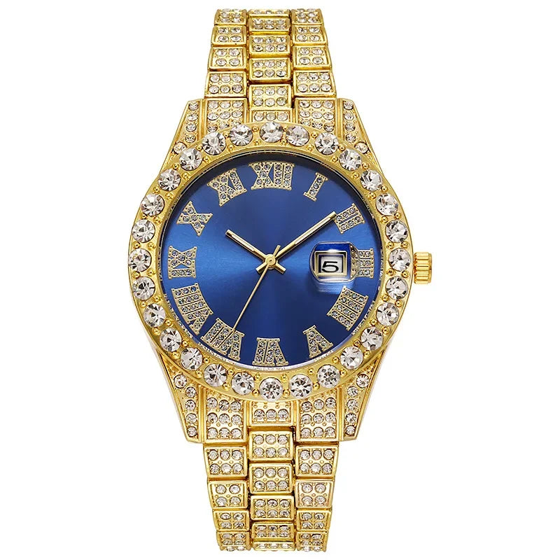 Men's Luxury Rhinestone Watch – 40mm Glass Dial, Iced Steel Bracelet, Custom Band Length
