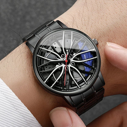 Men’s Sports Fashion Watch – 3D Car Wheel Dial, Stainless Steel Band, Quartz