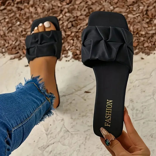 Summer Slippers forWomen’s Korean Pleated Slippers — Green, Slip-On Sandals, Plus Size 35-43
