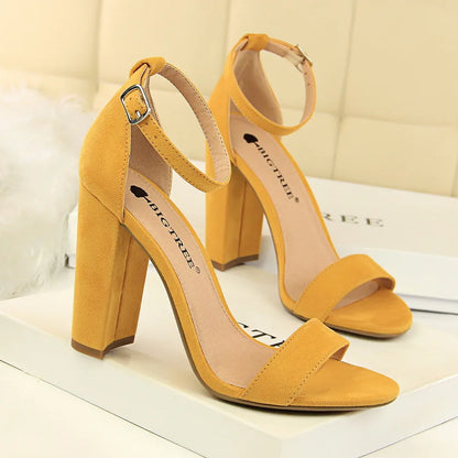 Summer Women’s Heels: 9.5 cm Gladiator Sandals, Yellow/Nude/Purple, Square Block Platform