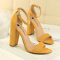 Summer Women’s Heels: 9.5 cm Gladiator Sandals, Yellow/Nude/Purple, Square Block Platform