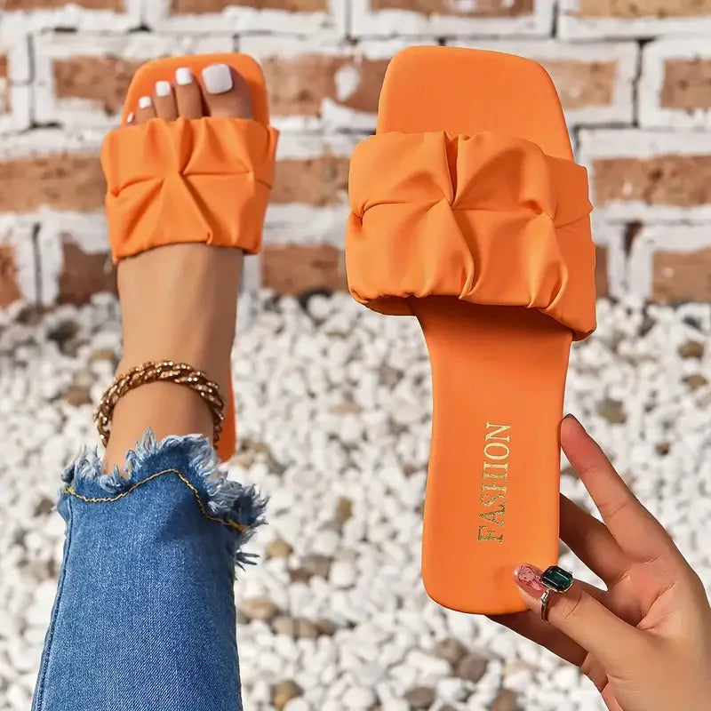 Summer Slippers forWomen’s Korean Pleated Slippers — Green, Slip-On Sandals, Plus Size 35-43