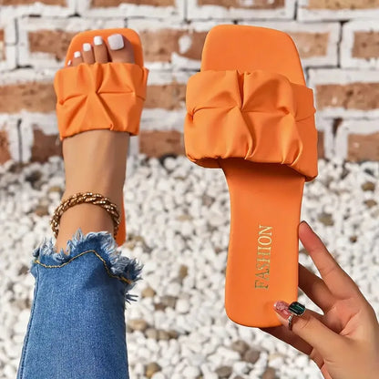 Summer Slippers forWomen’s Korean Pleated Slippers — Green, Slip-On Sandals, Plus Size 35-43