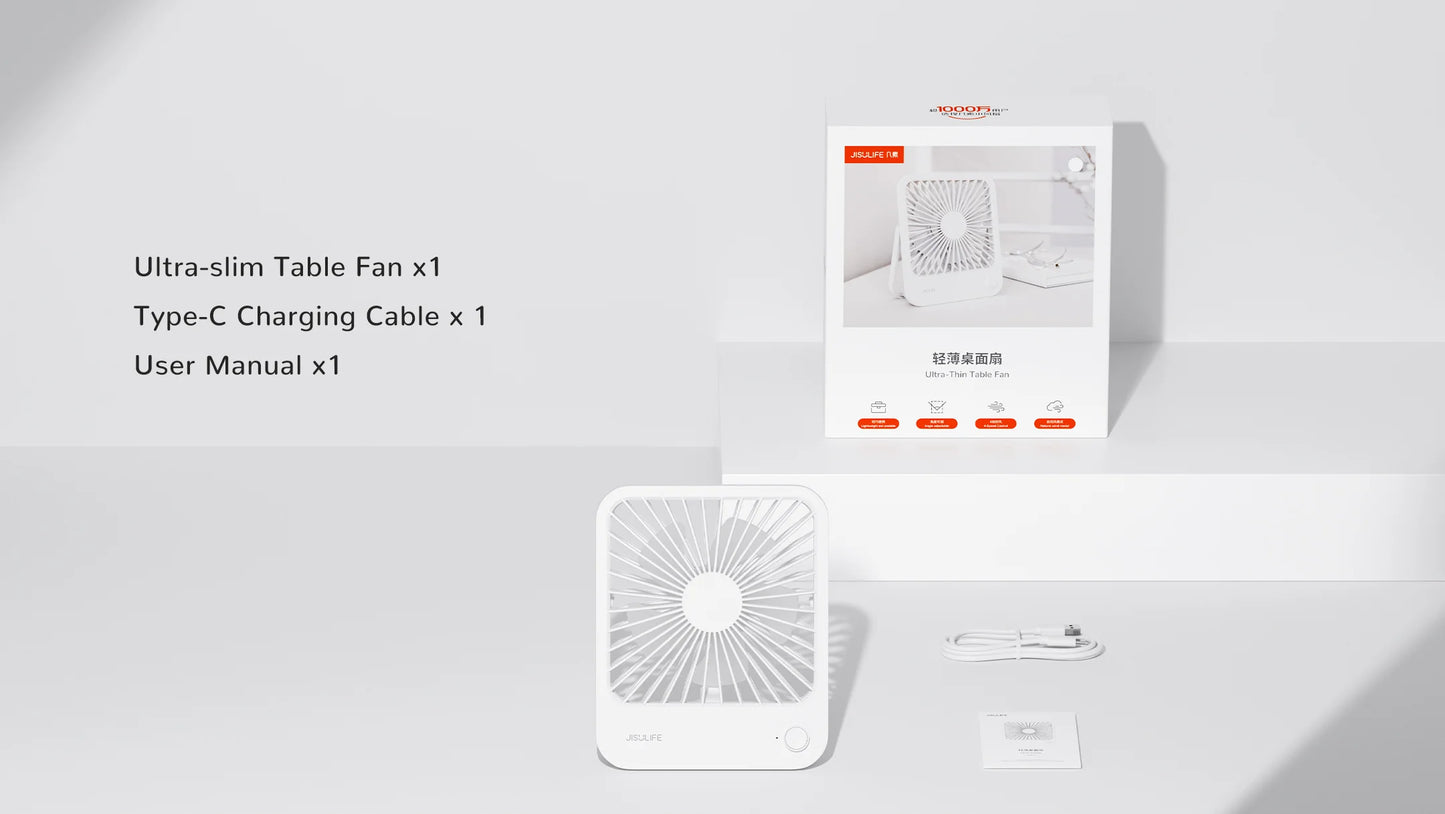 JISULIFE Portable Desk Fan – Ultra-Quiet USB Rechargeable with 4 Speeds