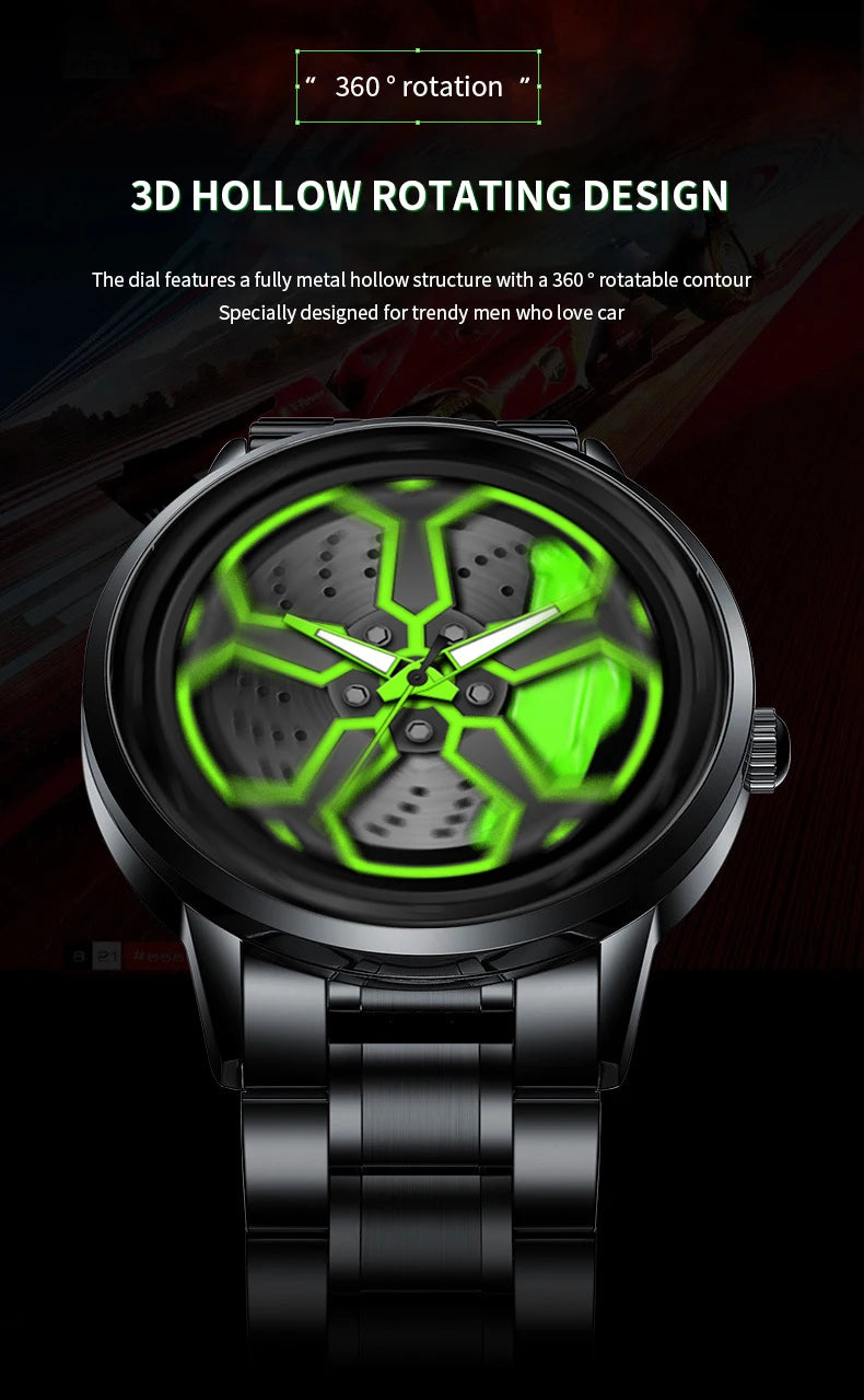 Original Wheel Rotating Men Watch — Black Stainless Steel Strap, 3Bar Quartz