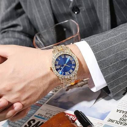Men's Luxury Rhinestone Watch – 40mm Glass Dial, Iced Steel Bracelet, Custom Band Length
