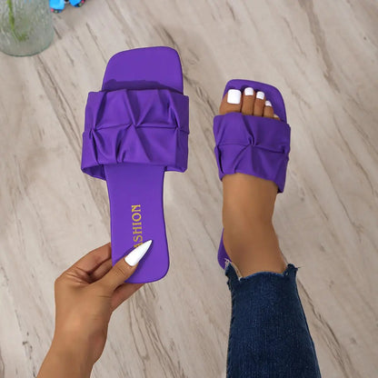 Summer Slippers forWomen’s Korean Pleated Slippers — Green, Slip-On Sandals, Plus Size 35-43