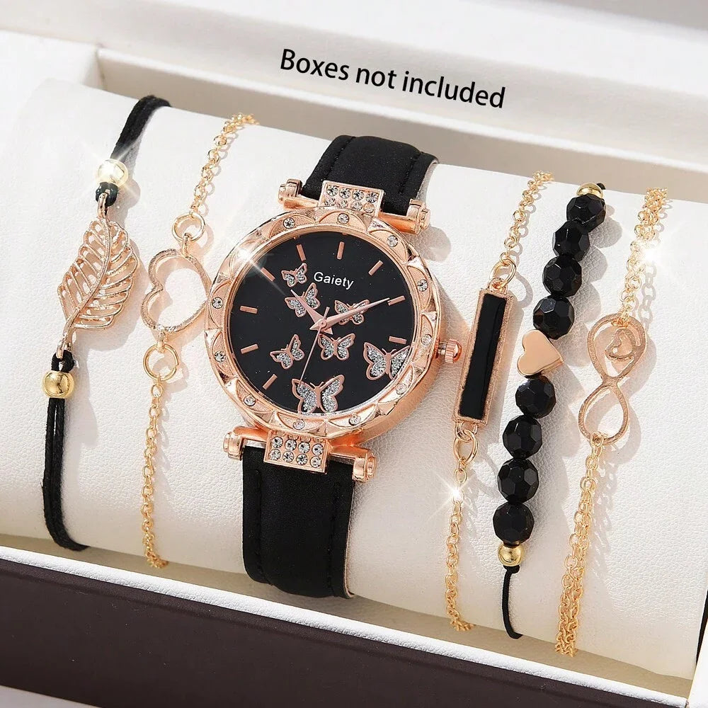 6-Piece Women's Watch Set — Luxury Leather + Analog Quartz