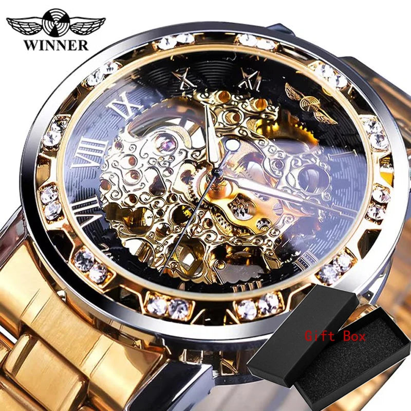 Winner Transparent Fashion Diamond Luminous Mechanical Skeleton Wrist Watch — Men