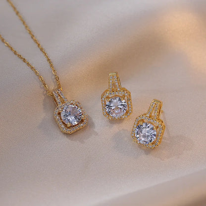 Fashion Square Zircon Necklace Earrings Ring Set For Women Luxury Wedding Engagement & Party Jewelry Set