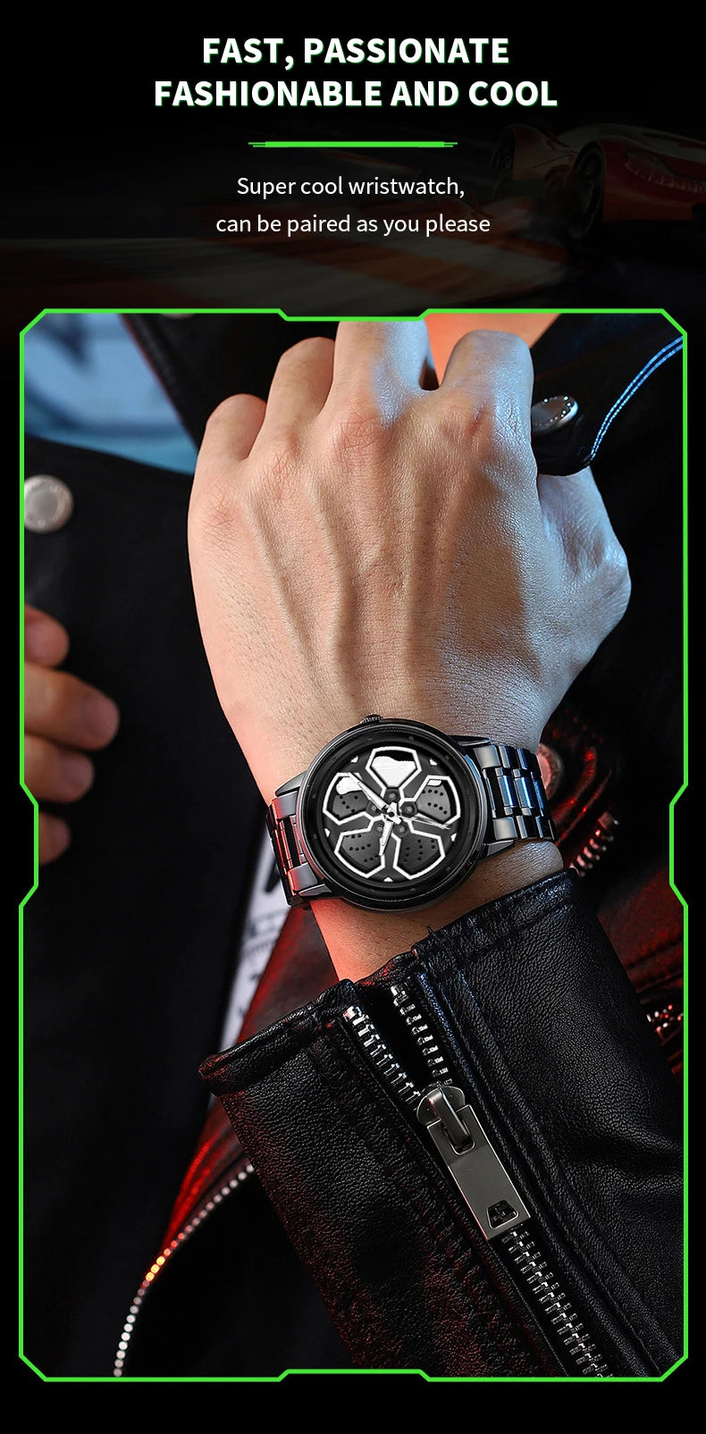Original Wheel Rotating Men Watch — Black Stainless Steel Strap, 3Bar Quartz