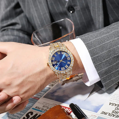Men's Luxury Rhinestone Watch – 40mm Glass Dial, Iced Steel Bracelet, Custom Band Length