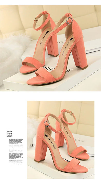 Summer Women’s Heels: 9.5 cm Gladiator Sandals, Yellow/Nude/Purple, Square Block Platform