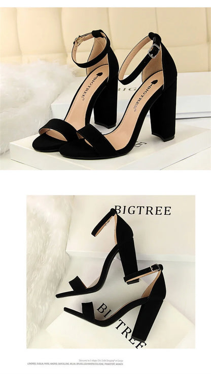 Summer Women’s Heels: 9.5 cm Gladiator Sandals, Yellow/Nude/Purple, Square Block Platform