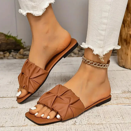 Summer Slippers forWomen’s Korean Pleated Slippers — Green, Slip-On Sandals, Plus Size 35-43
