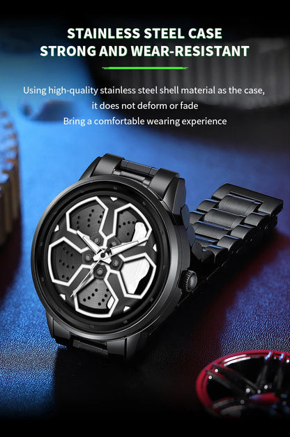 Original Wheel Rotating Men Watch — Black Stainless Steel Strap, 3Bar Quartz