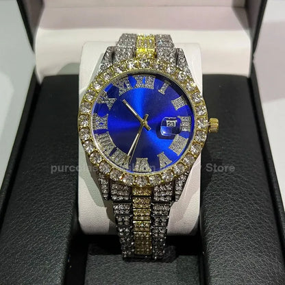 Men's Luxury Rhinestone Watch – 40mm Glass Dial, Iced Steel Bracelet, Custom Band Length