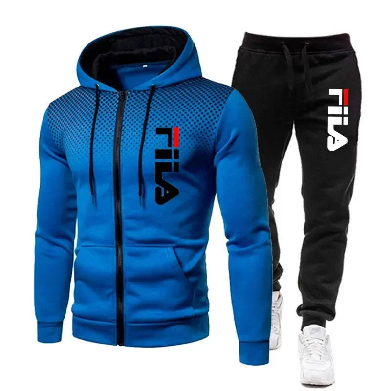 Men's Casual Sportswear Set: Printed Zip Hoodie + Two Stretch-Pants Sets