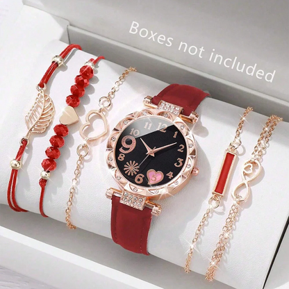 6-Piece Women's Watch Set — Luxury Leather + Analog Quartz